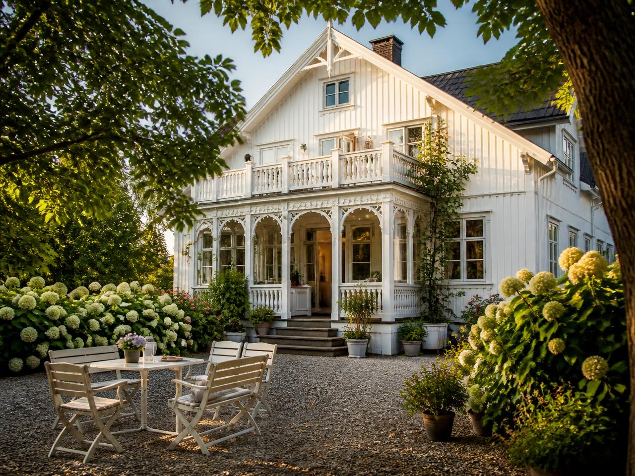 Vitt trähus med snickarglädje och veranda omgiven av hortensior