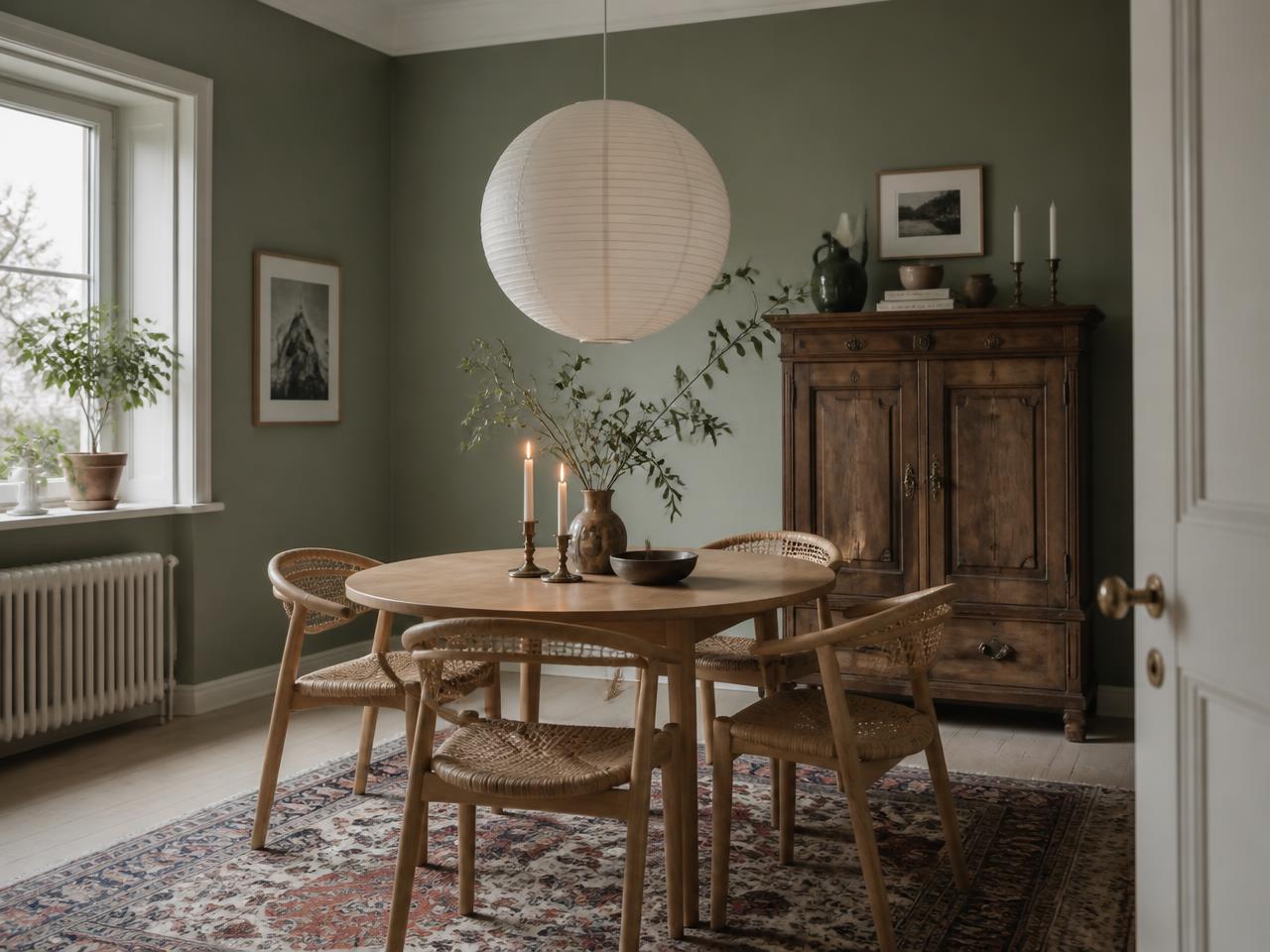 Matrum med salviagröna väggar, runt träbord och risppapperslampa