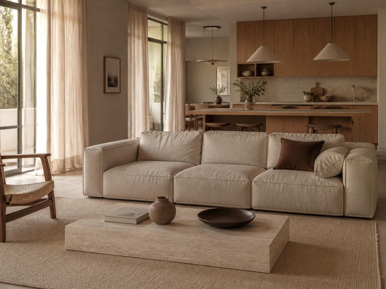 Ljust vardagsrum i beige toner med linnesoffa och öppen planlösning